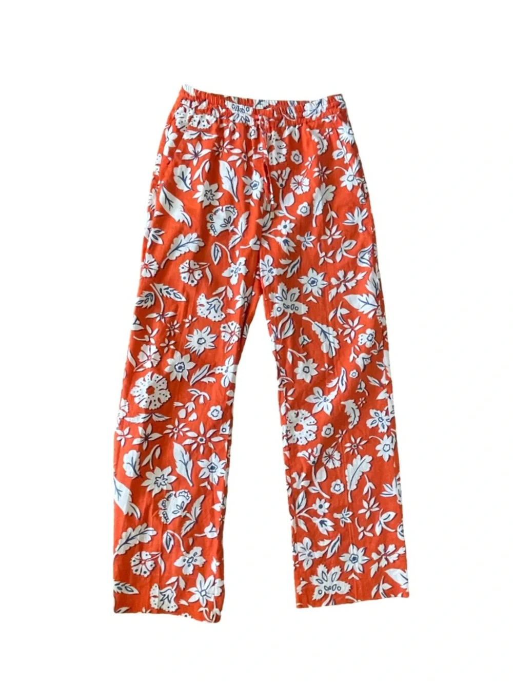 Zara Linen Blend Floral Drawstring Pants Wide Leg Orange White Size Small